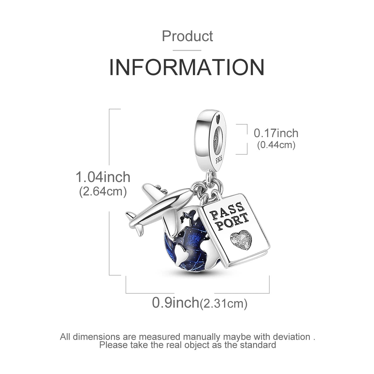 Silver 925 Airplane Passport Globe Charms Pendant for Pan Bracelets - Local US Stock