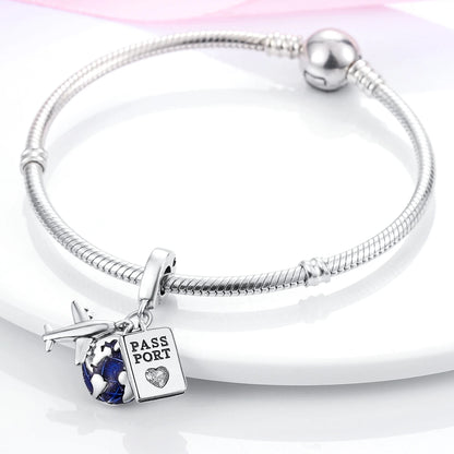 Silver 925 Airplane Passport Globe Charms Pendant for Pan Bracelets - Local US Stock